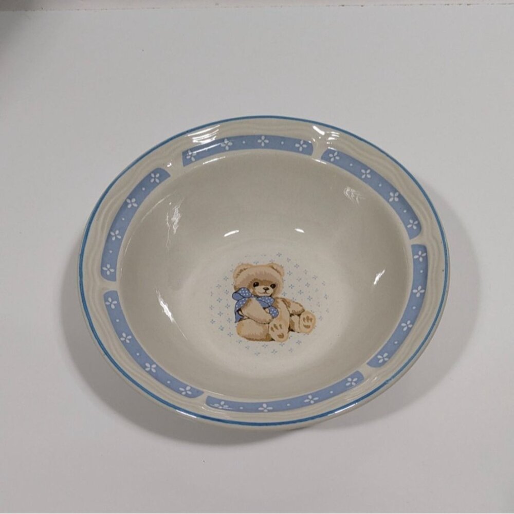 Tienshan Stoneware Teddy Bear Blue Floral Rim Childs Bowl